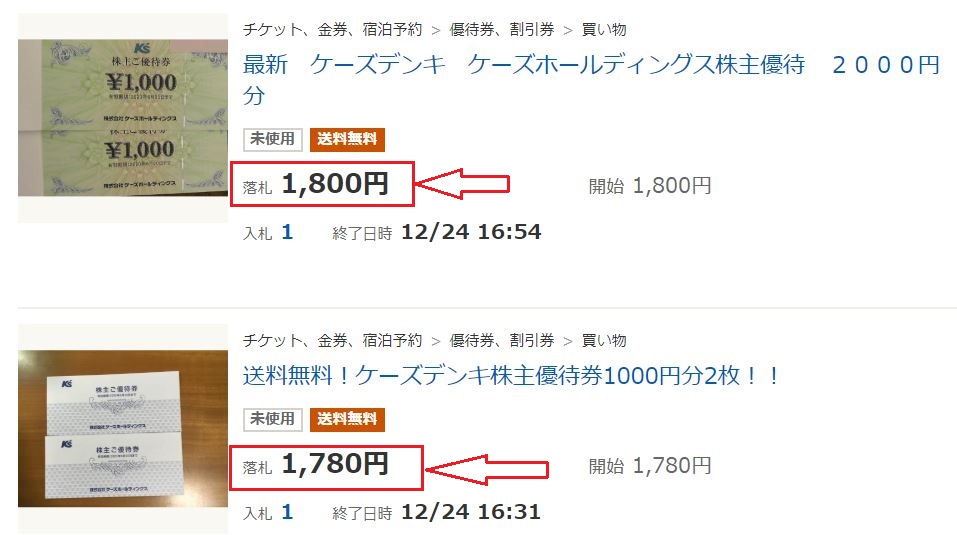 ケーズデンキ株主優待券 ヤフオクの落札相場