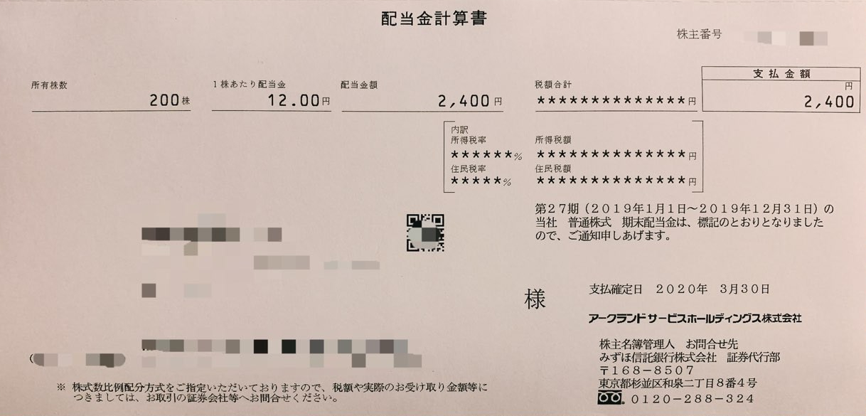 アークランドサービスHDからの配当金計算書