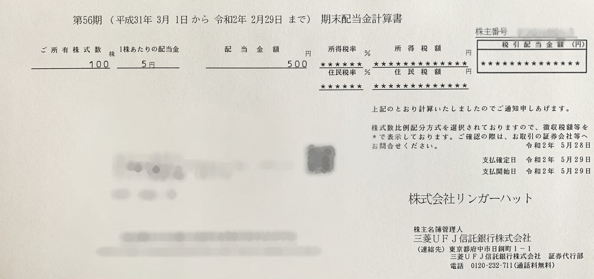 リンガーハット期末配当計算書