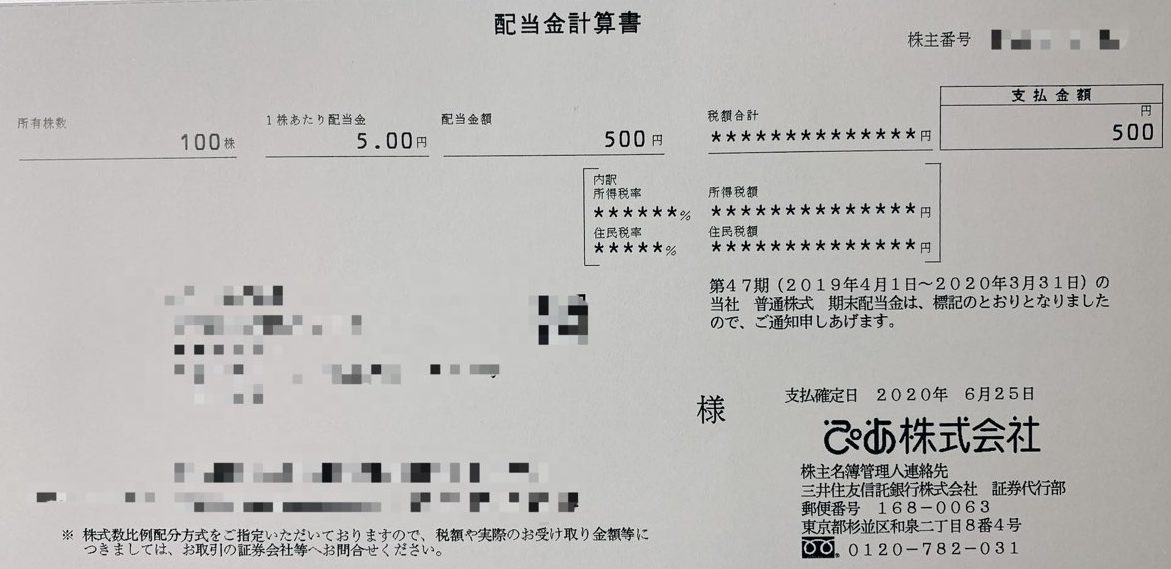 ぴあの期末配当金計算書