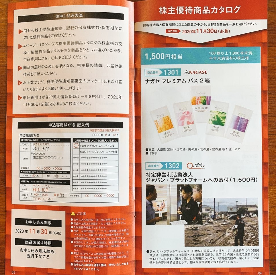 長瀬産業の株主優待(100株半年未満)