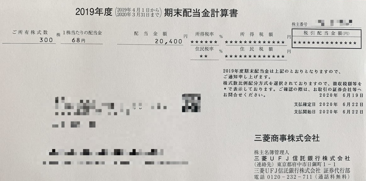 三菱商事の期末配当金計算書
