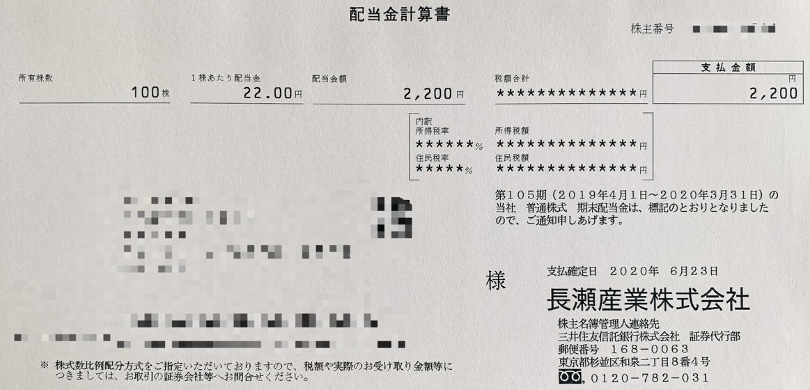 長瀬産業の期末配当金計算書