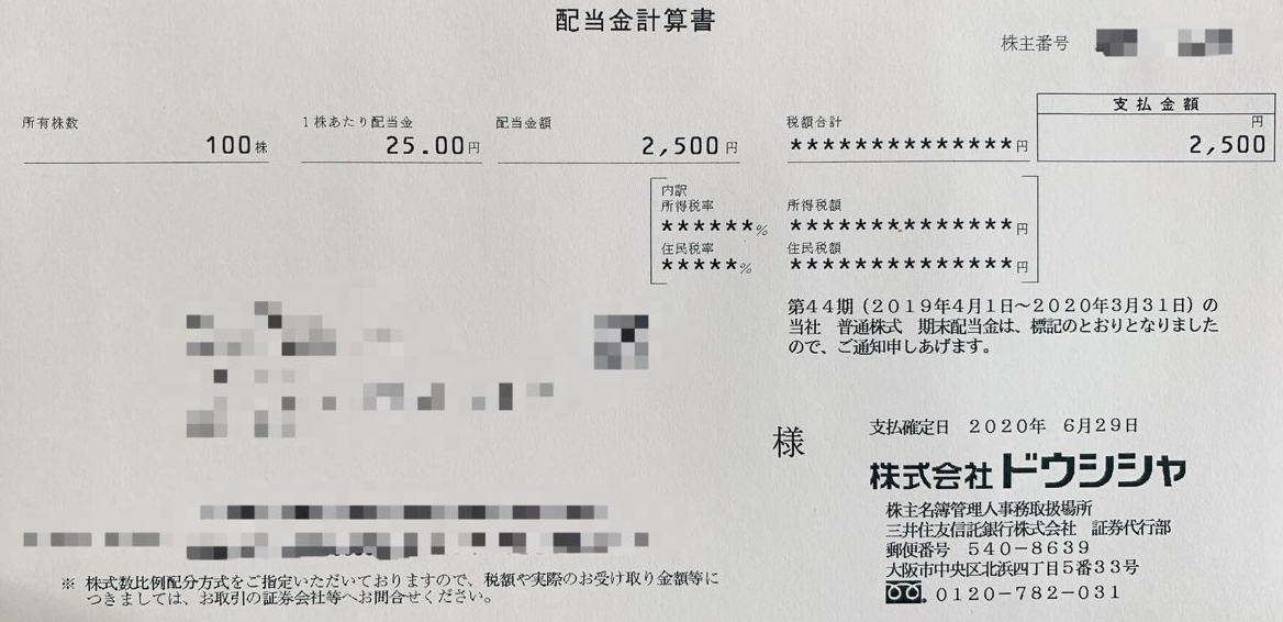 ドウシシャの期末配当金計算書
