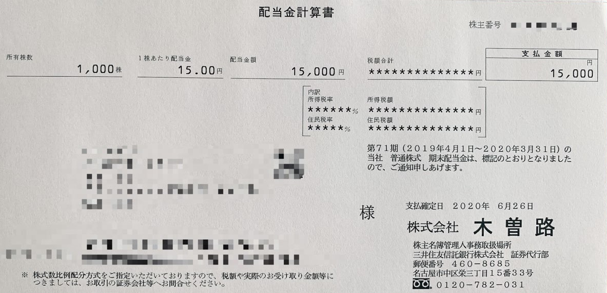 木曽路の期末配当金計算書