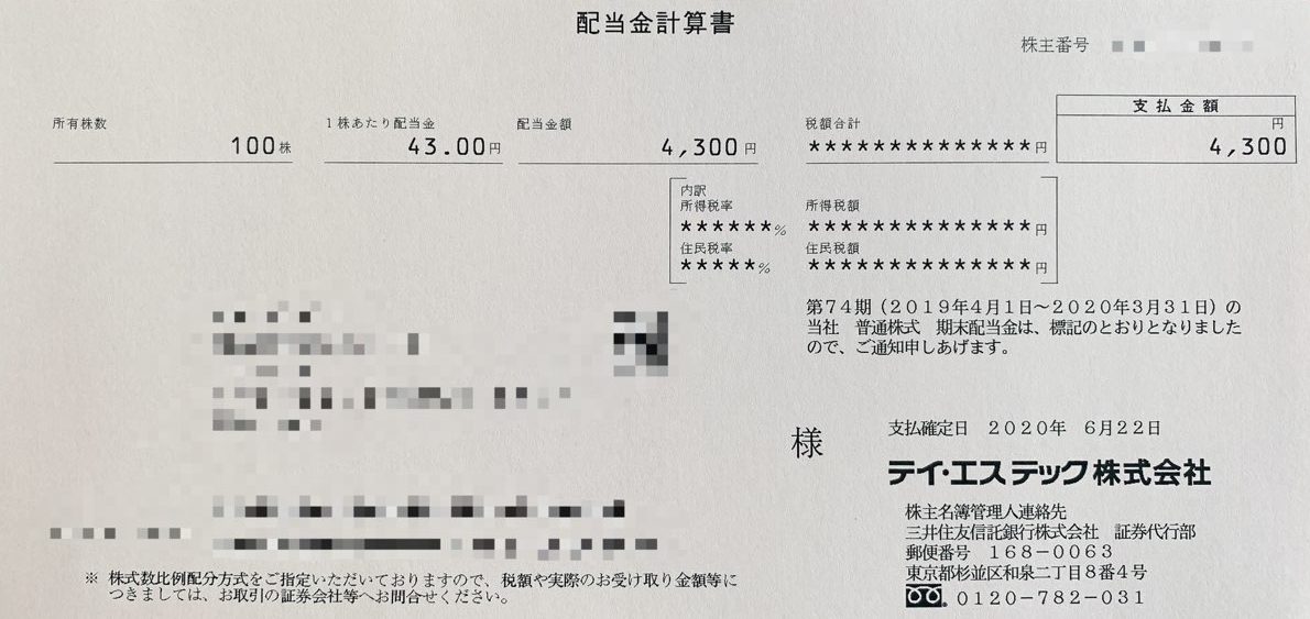 テイ・エス テックの期末配当金計算書