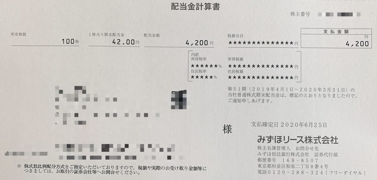 みずほリースの期末配当金計算書