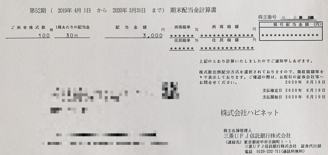 ハピネット2020年3月期末配当金計算書