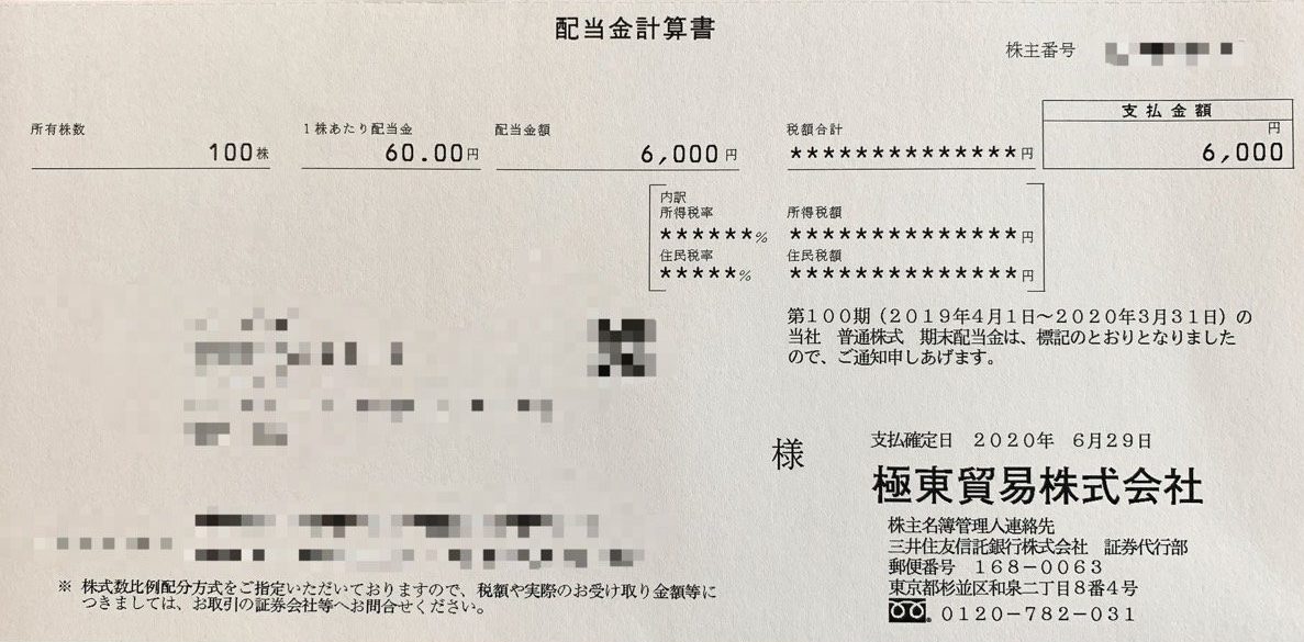極東貿易の期末配当金計算書(2020年3月期))