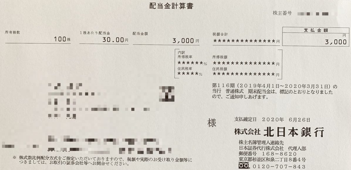 北日本銀行の期末配当金計算書(2020年3月期末)