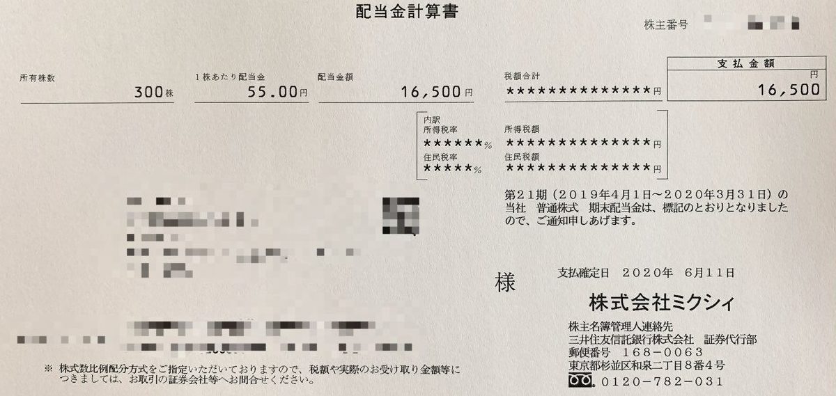 ミクシィの期末配当金計算書(2020年3月期)