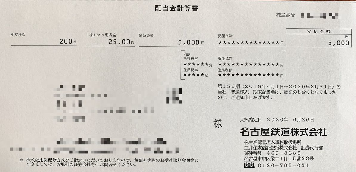 名古屋鉄道の期末配当金計算書(2020年3月期)