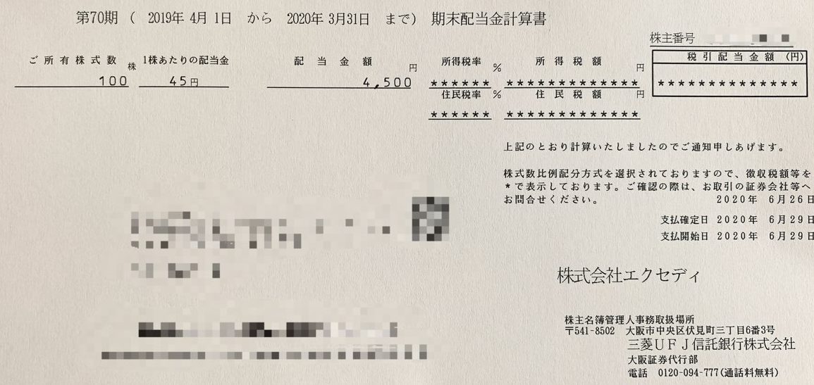 エクセディの期末配当金計算書(2020年3月期末分)
