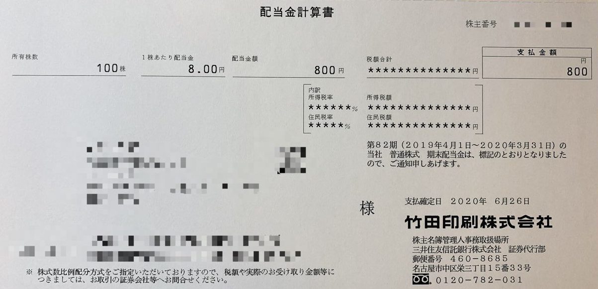 竹田印刷の期末配当計算書(2020年3月期)