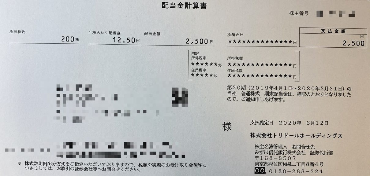 トリドールホールディングスの期末配当金計算書（2020年3月期末分）