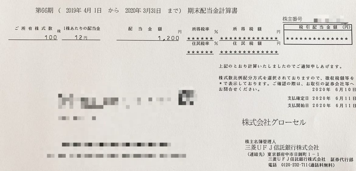 グローセルの期末配当金計算書