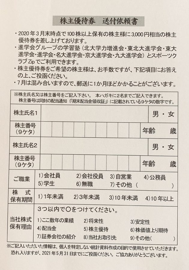 進学会の優待券申込ハガキ