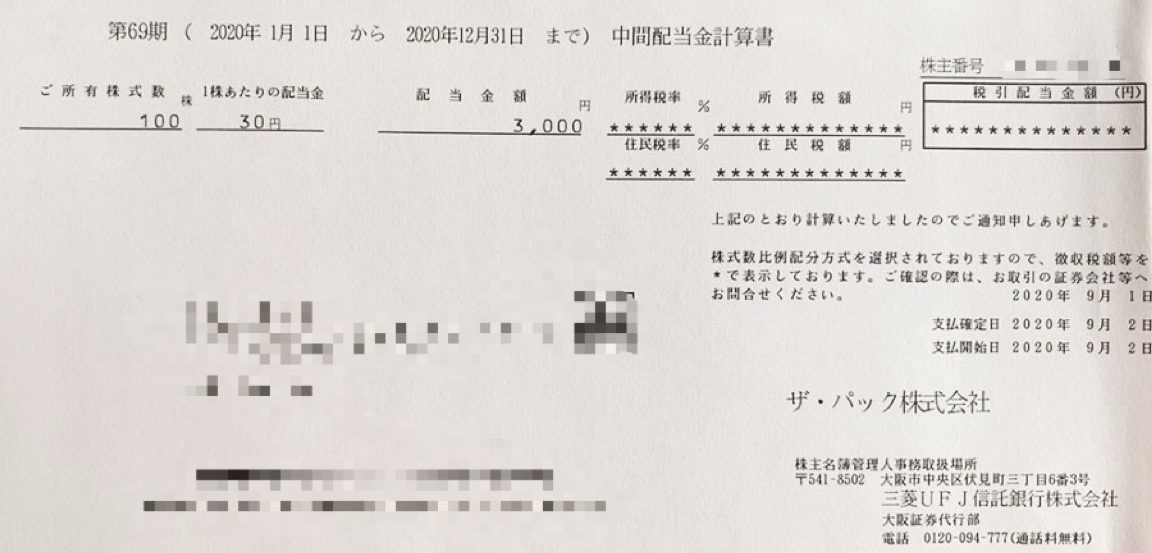 ザ・パックの配当計算書