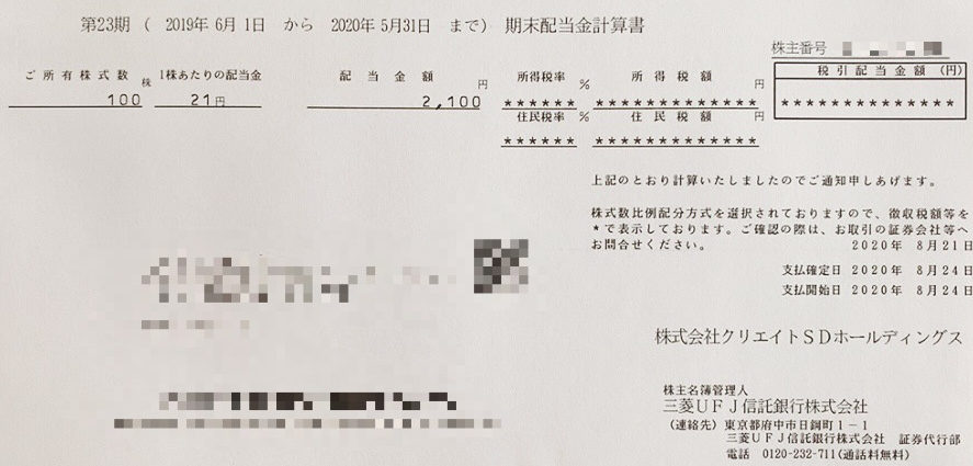 クリエイトSDホールディングスの期末配当計算書