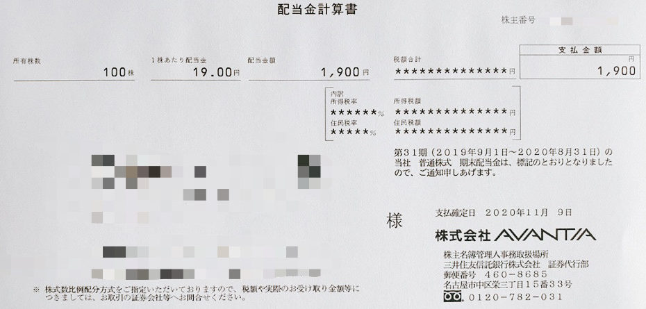 AVANTIAの配当金計算書