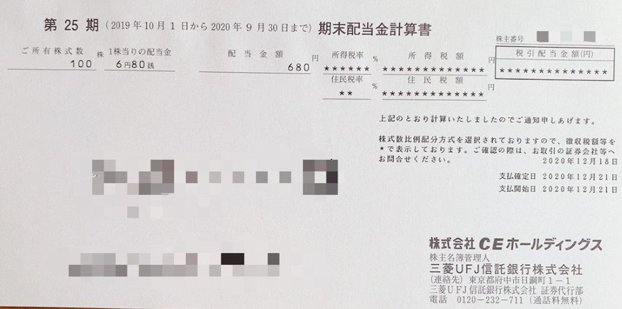 CEホールディングスの配当金計算書