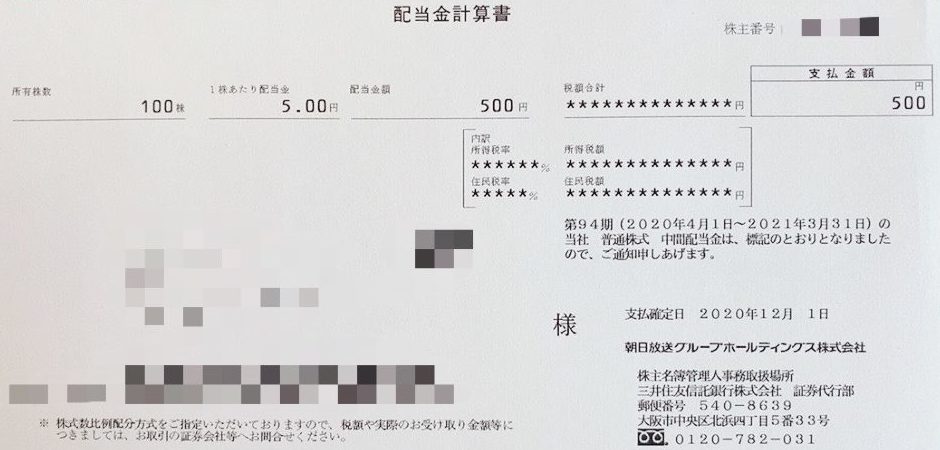 朝日放送の配当金計算書