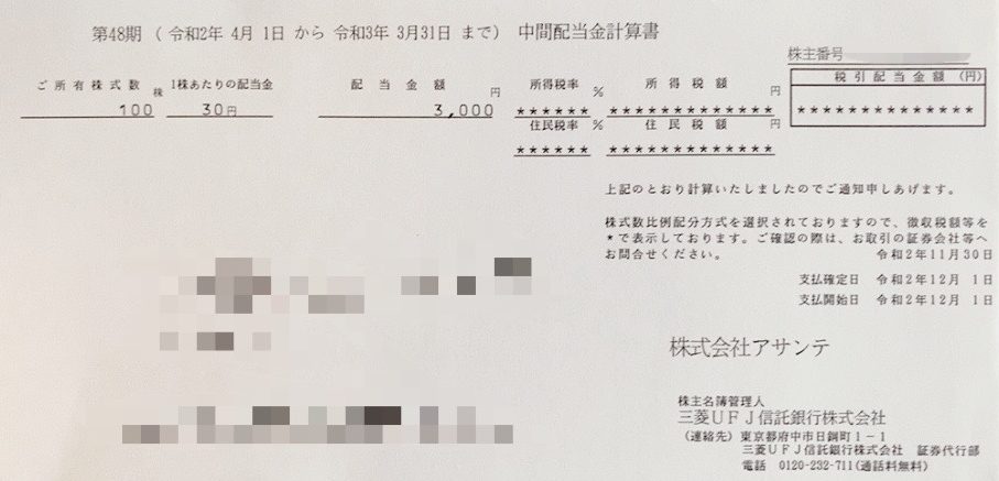 アサンテの配当金計算書