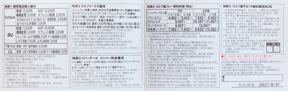トーシンHDの株主優待券(1000株)