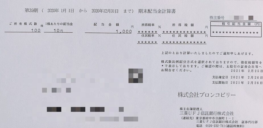 ブロンコビリーの2020年12月期　期末配当計算書
