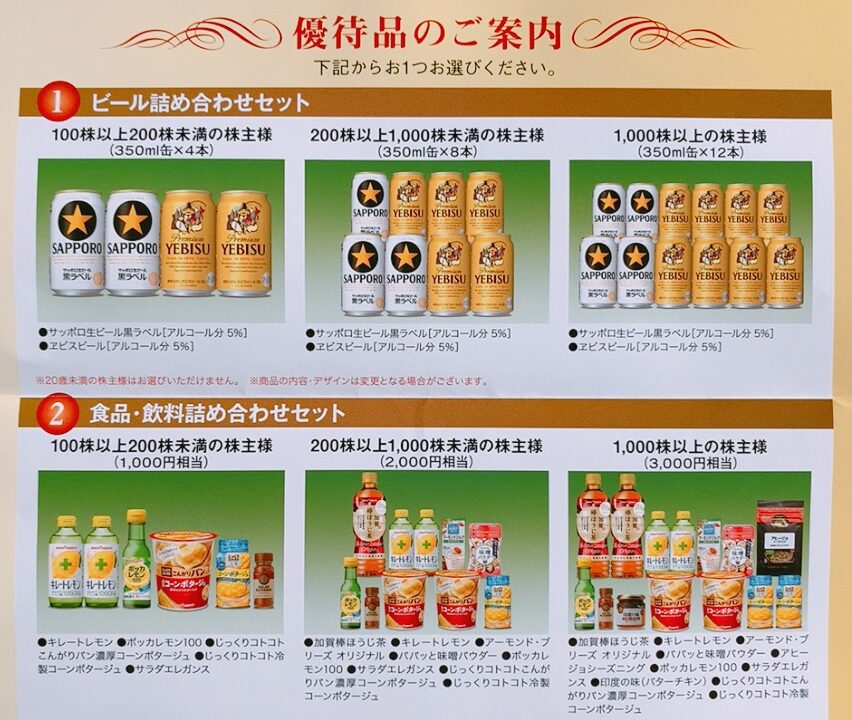 サッポロホールディングスの株主優待案内