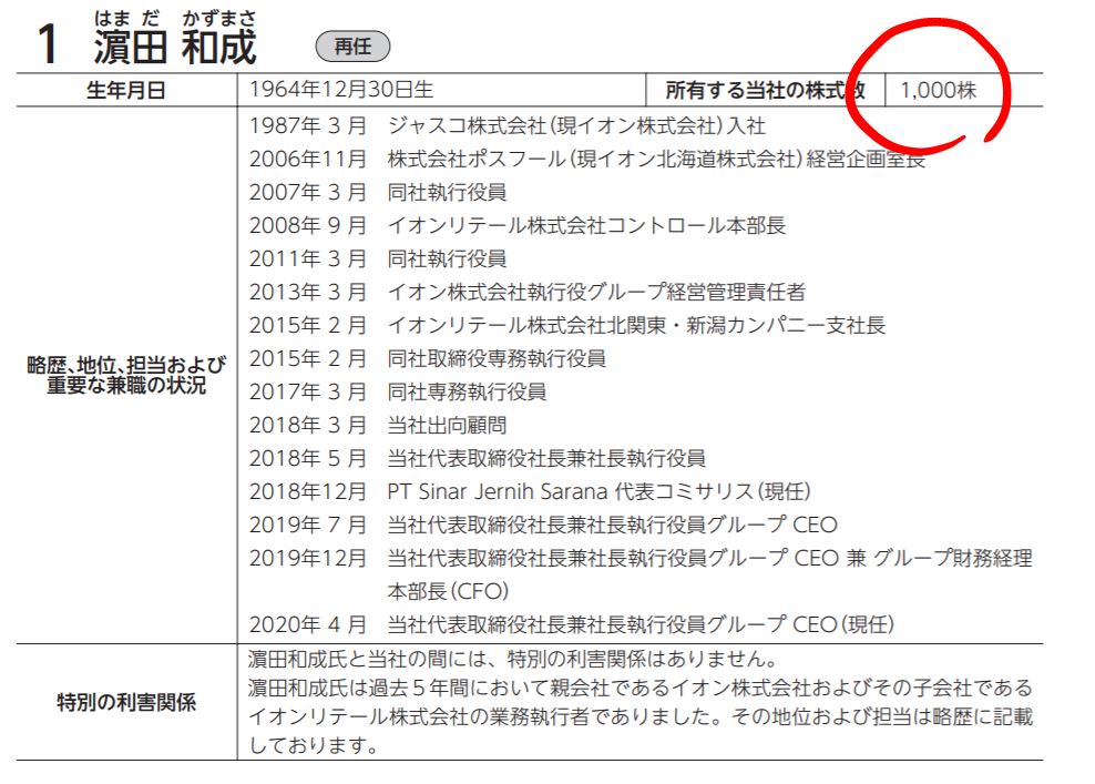 浜田社長の保有株式数