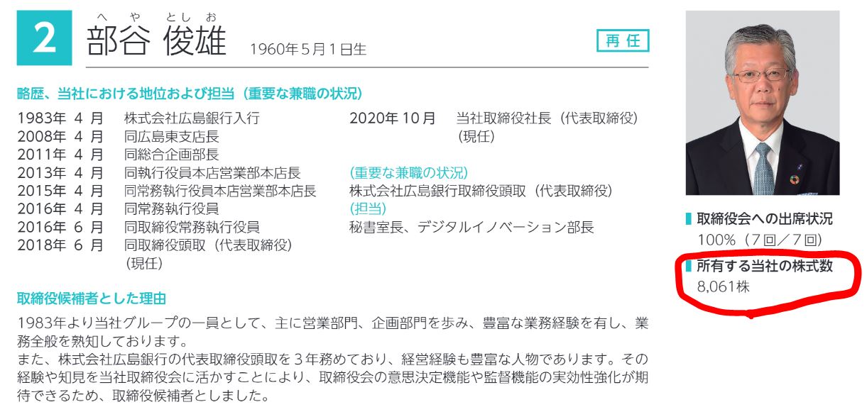 部谷頭取の保有株数