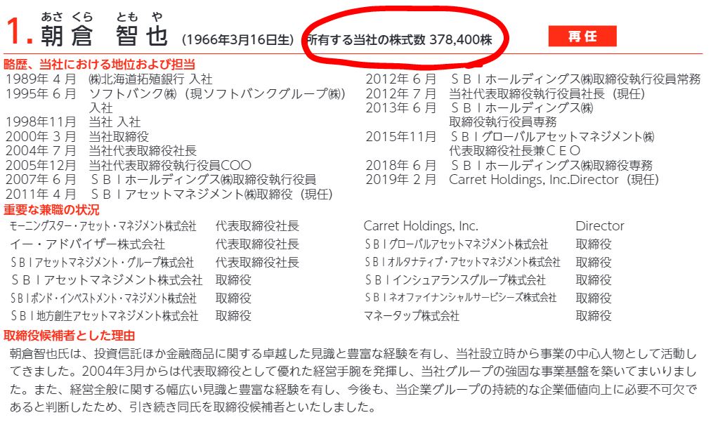 朝倉社長の保有株式数