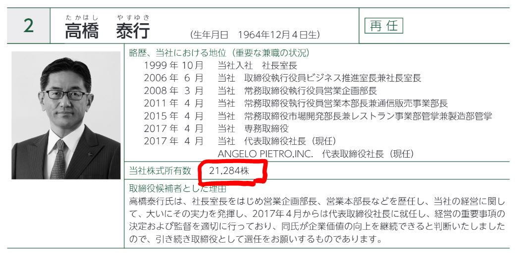 高橋社長の自社株保有数