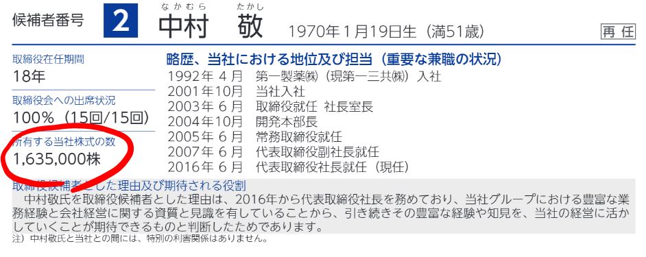 中村社長の保有株数