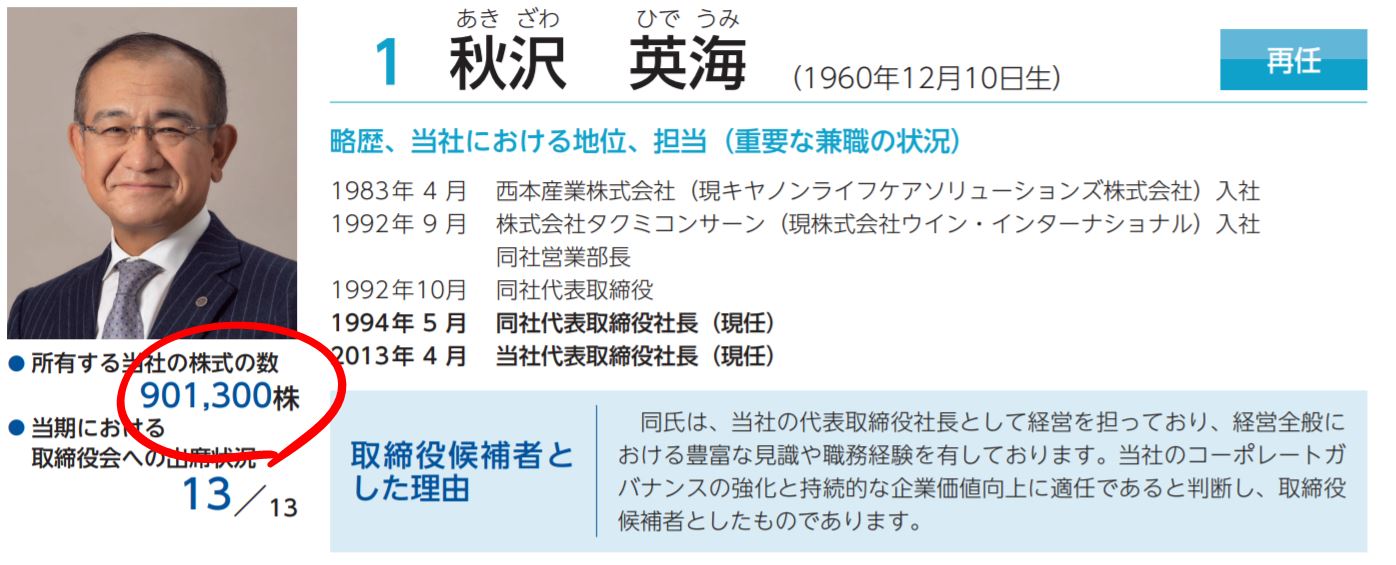 秋沢社長の保有株数