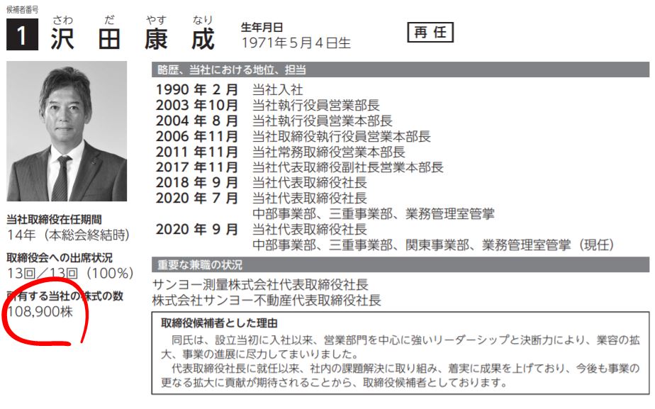 沢田社長の自社株を保有数
