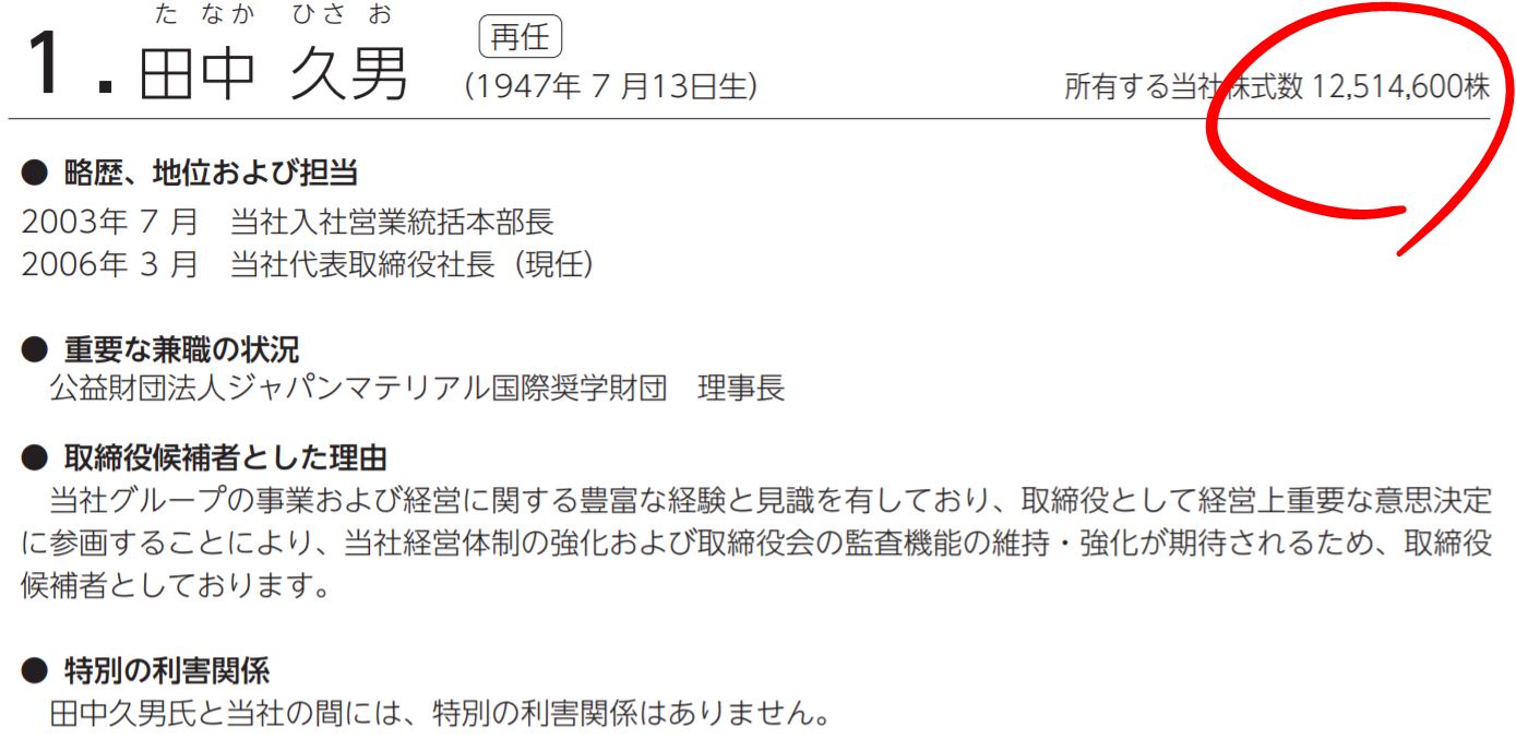ジャパンマテリアルの社長の自社株保有数
