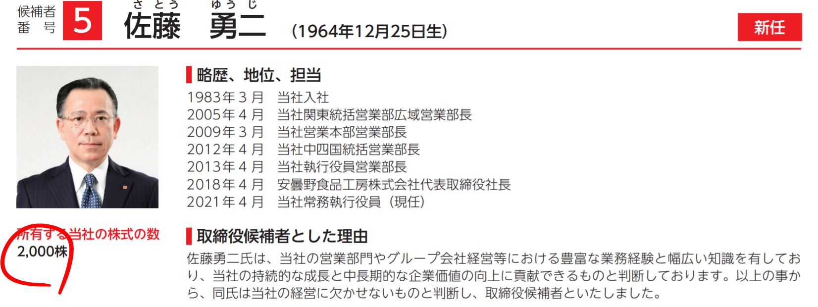 佐藤新社長の自社株保有数