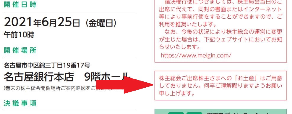 名古屋銀行の株主総会のお土産に関して