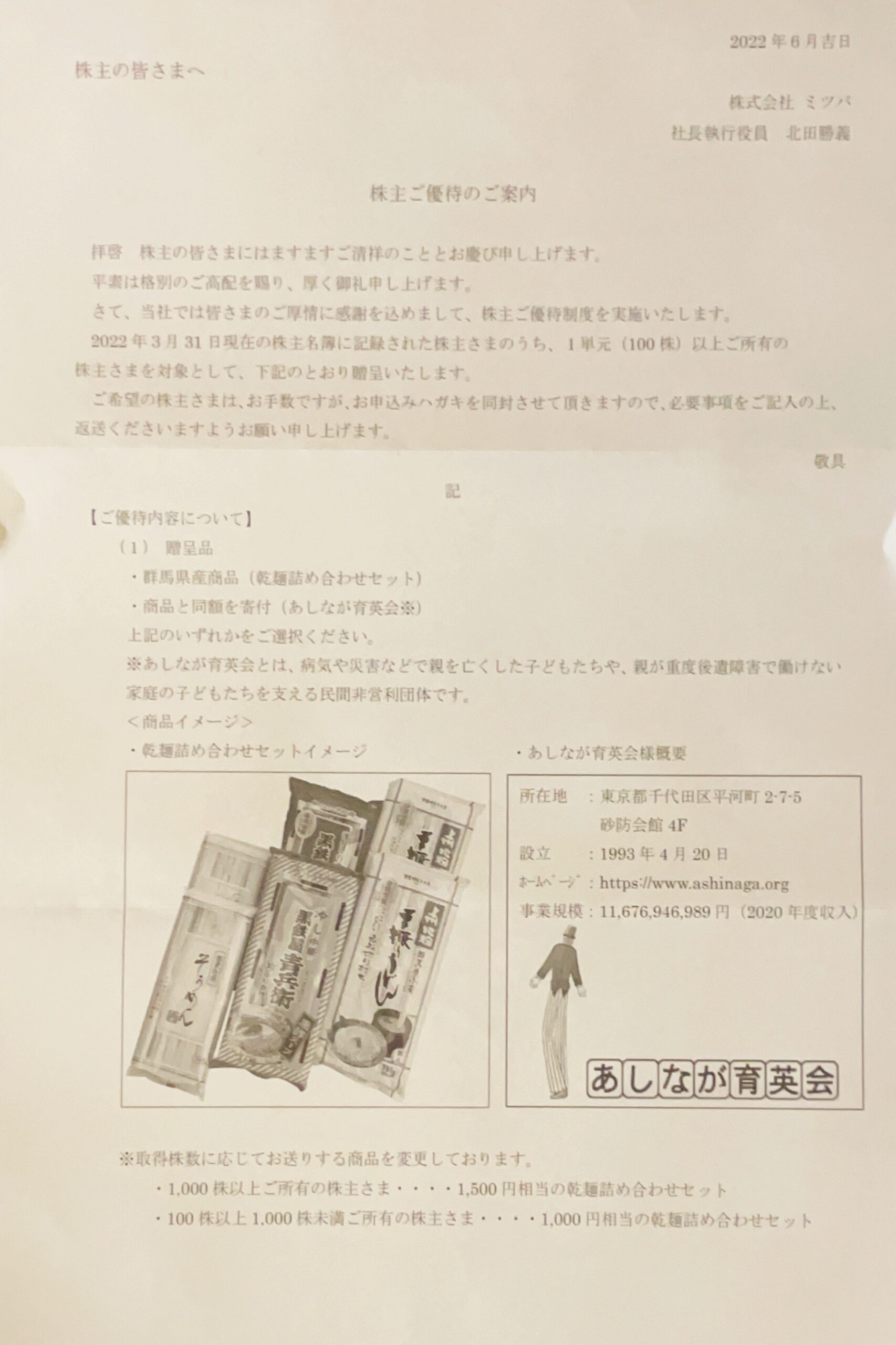 ミツバからの株主優待案内
