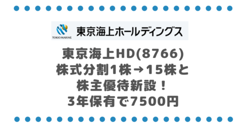 東京海上HD(8766)株式分割1株→15株と株主優待新設！3年保有で7500円